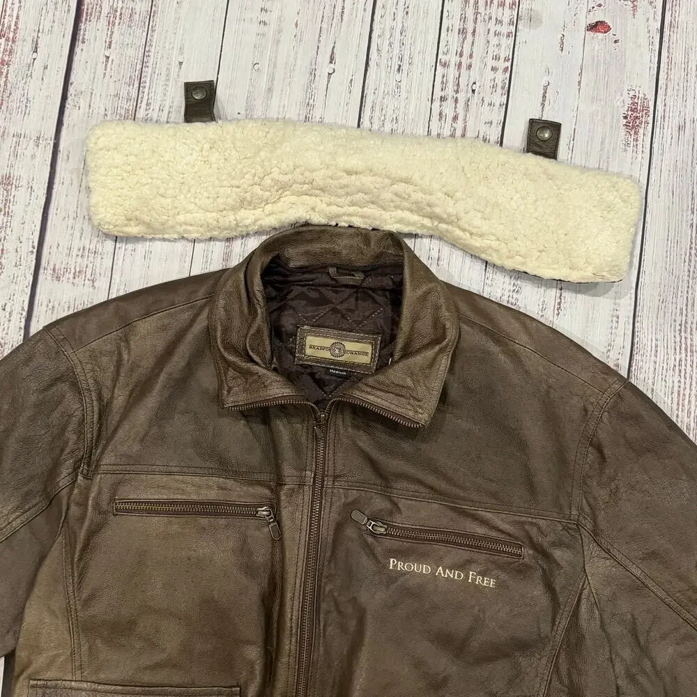 Bradford Exchange Leather Bomber Eagle Flag Embroidery Removable Collar M